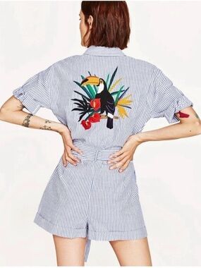 Zara Blue Striped Seer Sucker Romper with Toucan Embroidery